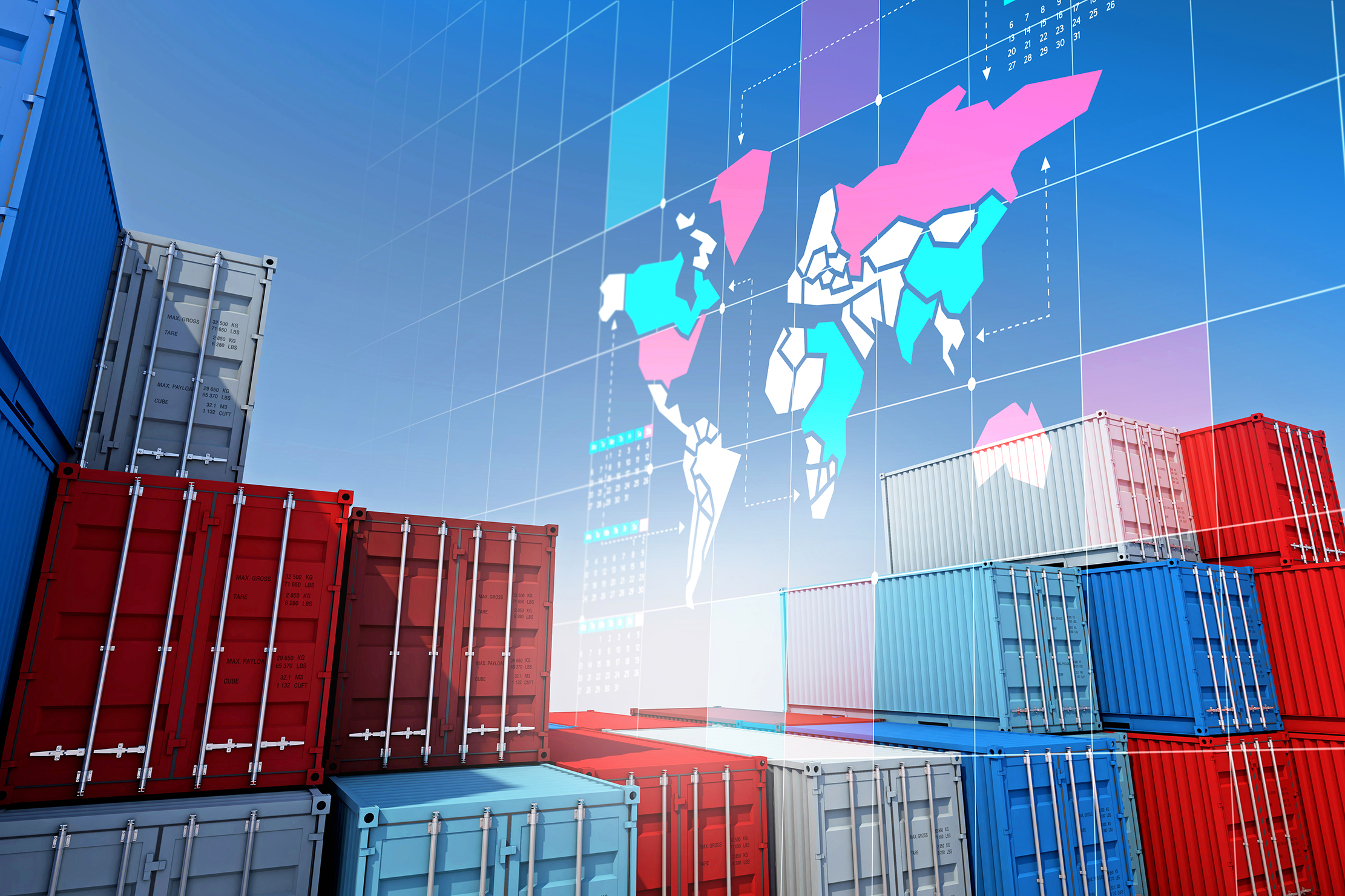 Container cargo for import export business and digital world map chart , 3d rendering